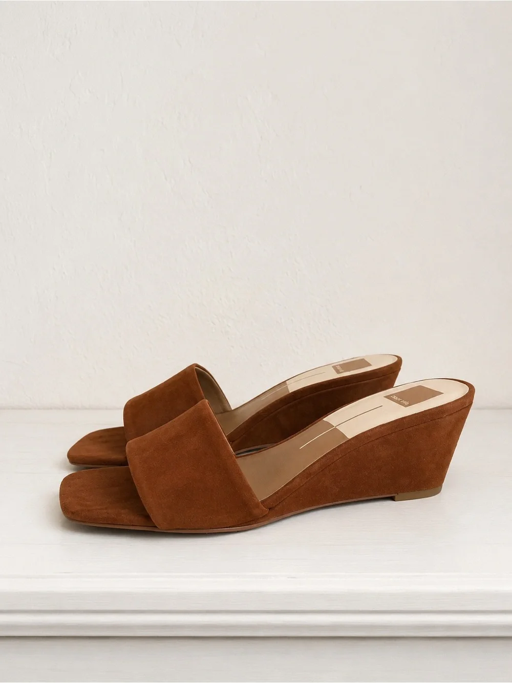 Dolce Vita Cognac Suede Qaily Wide Wedge Slide Slip On Square Toe Sandals